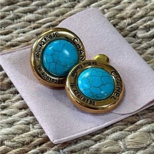 CHANEL Gold-Tone Earrings with Turquoise Blue Cabochons